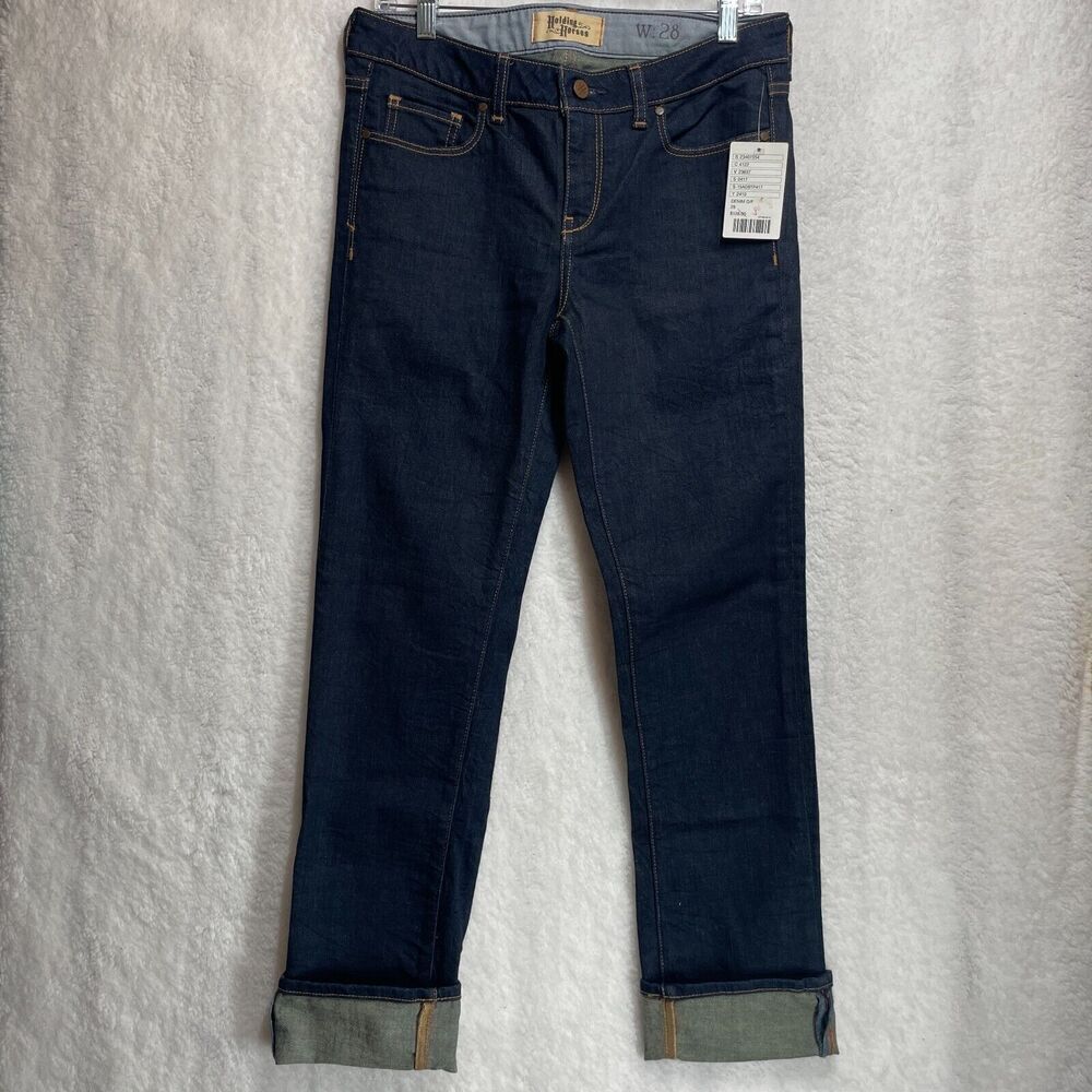 Holding Horses Straight Fit Jeans W28 Dark Wash Denim Cuffed Hem NWT Stretch